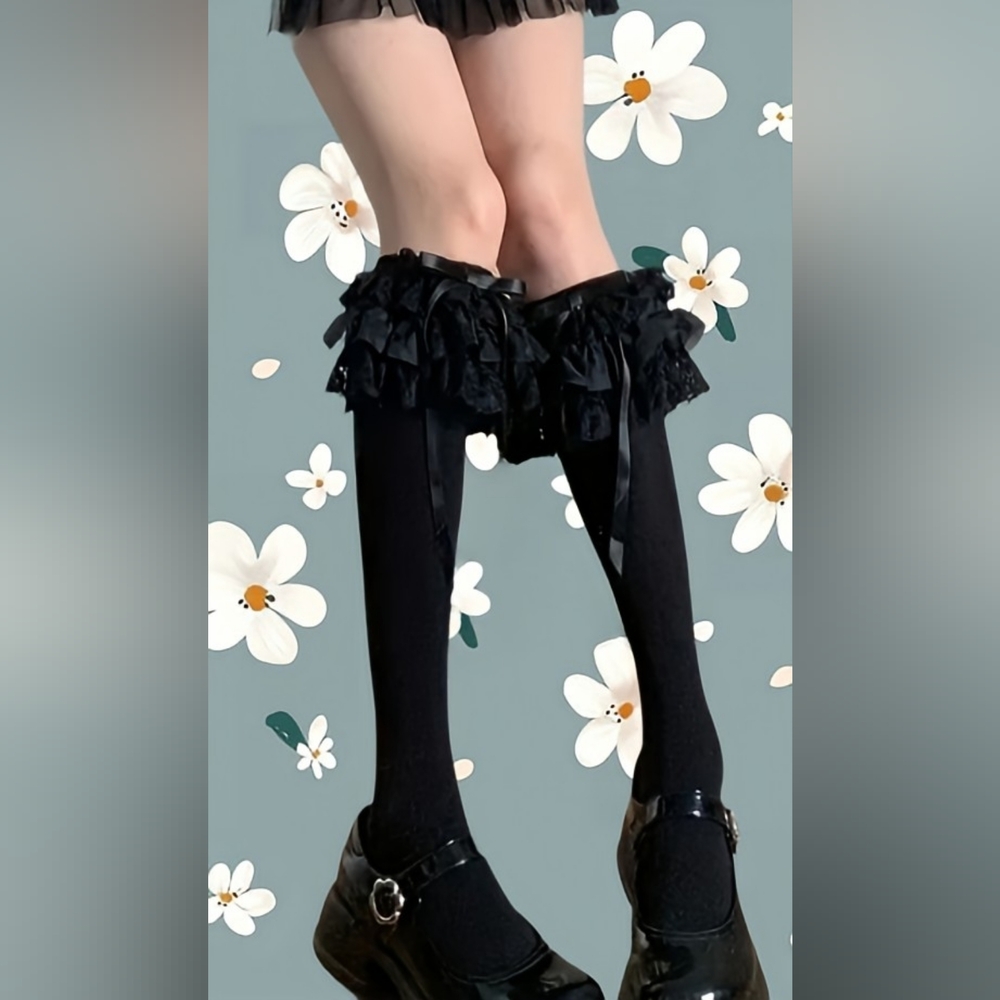 Black Ruffled Lolita Style Under The Knee Stockings